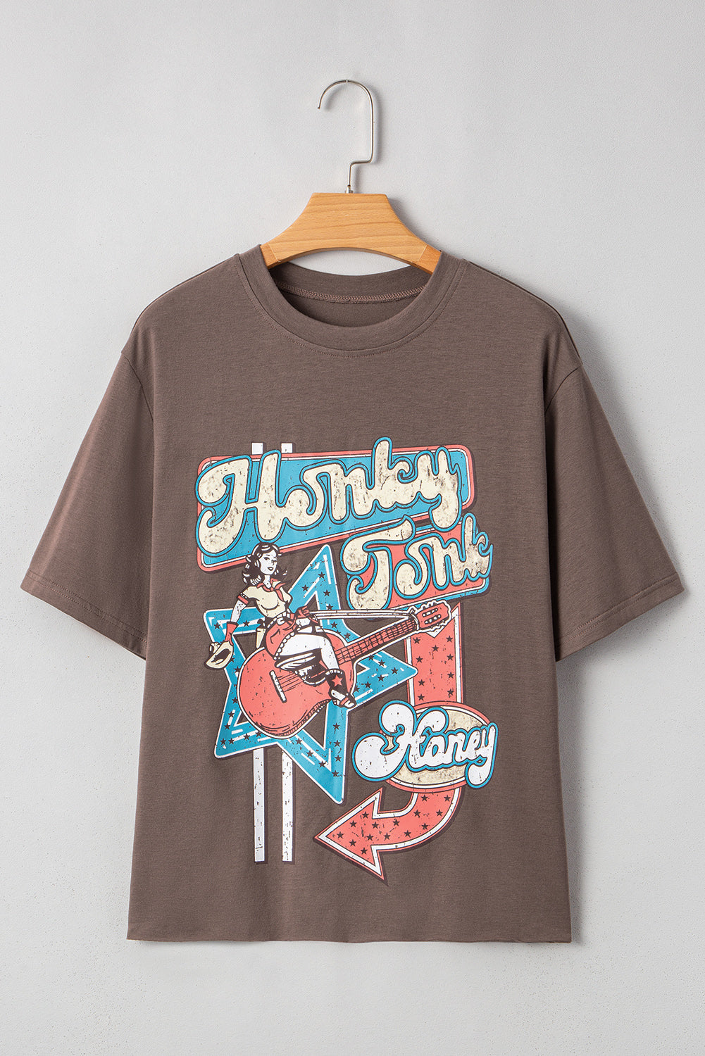 Chicory Coffee Honky Tonk Honey Graphic Crew Neck Western Fashion Tee Graphic Tees JT's Designer Fashion
