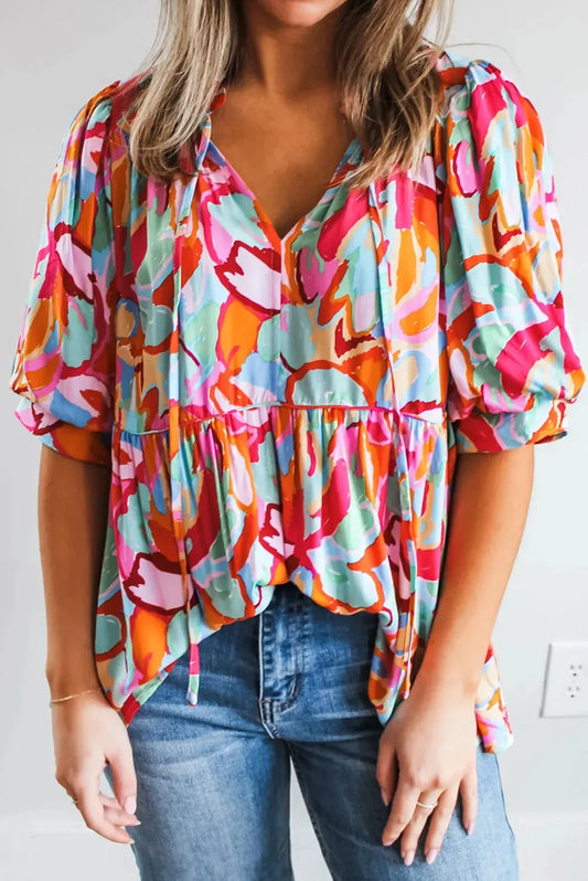 Printed Tie Neck Half Sleeve Blouse Turquoise Blouses & Shirts JT's Designer Fashion