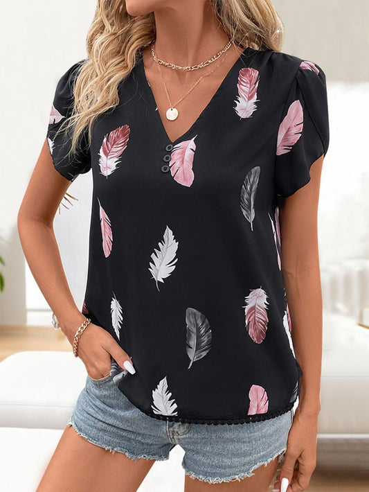 Printed V-Neck Short Sleeve Blouse Black Blouses & Shirts JT's Designer Fashion