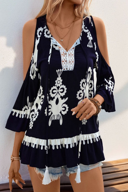Tassel Printed Tie Neck Cold Shoulder Blouse Black Blouses & Shirts JT's Designer Fashion