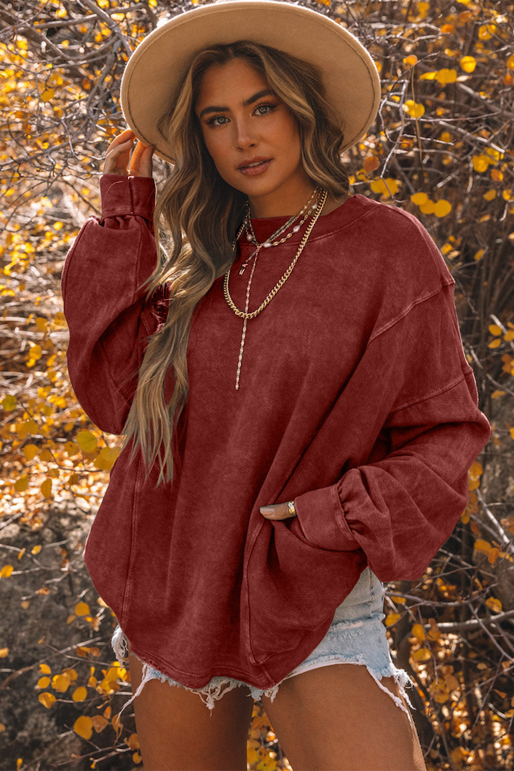 Red Exposed Seam Twist Open Back Oversized Sweatshirt Sweatshirts & Hoodies JT's Designer Fashion
