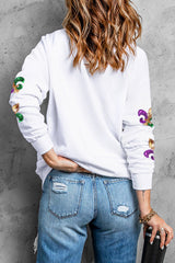 White Sequin Mardi Gras Graphic Pullover Sweatshirt Graphic Sweatshirts JT's Designer Fashion