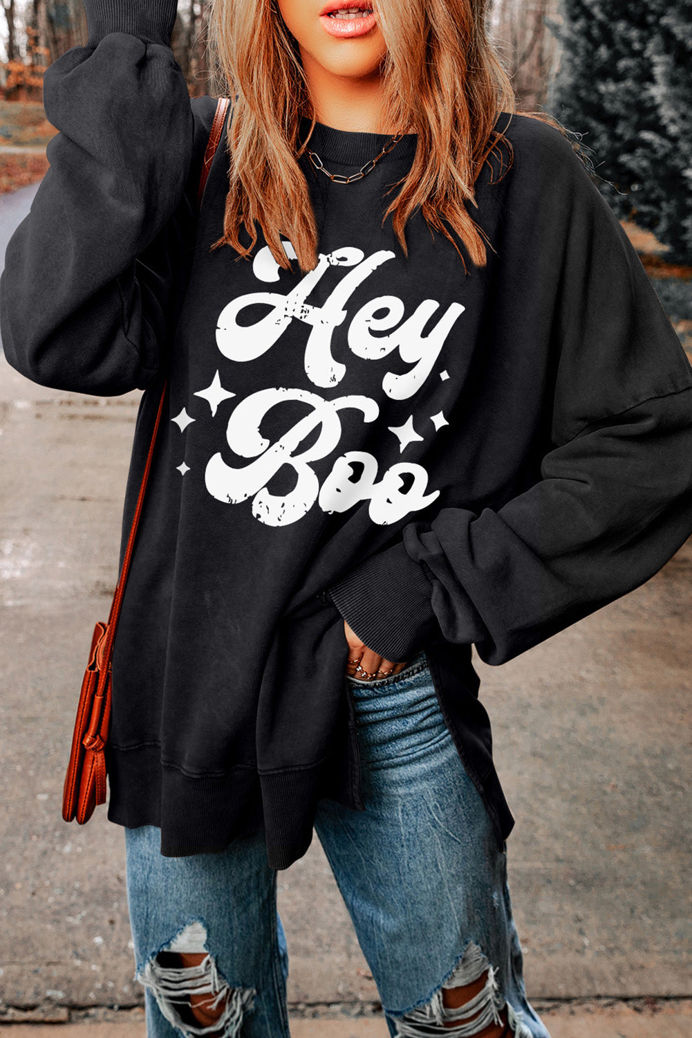 Black Hey Boo Print Drop Sleeve Side Split Oversized Sweatshirt Graphic Sweatshirts JT's Designer Fashion