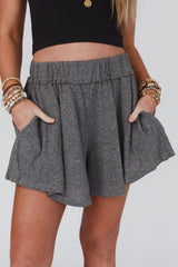 Gray Elastic Waist Loose Ruffle Shorts Bottoms JT's Designer Fashion