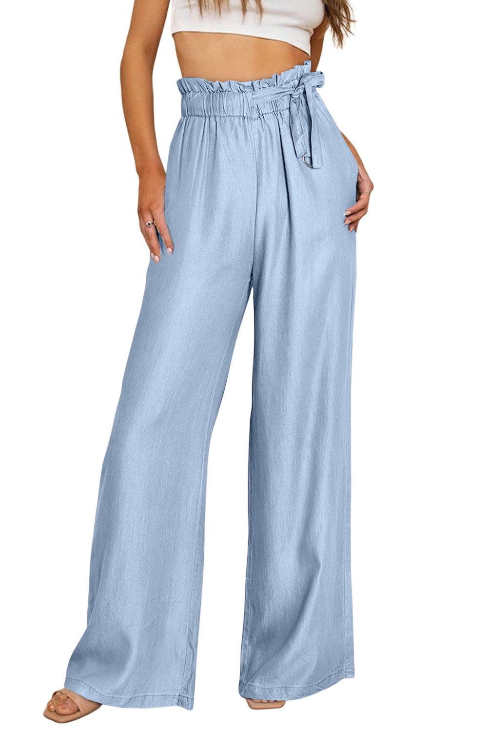 Sky Blue High Waist Pocketed Wide Leg Tencel Jeans Jeans JT's Designer Fashion
