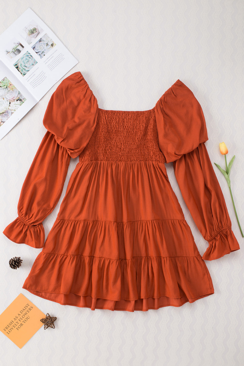 Brown Boho Solid Shirred Ruffle Mini Dress Mini Dresses JT's Designer Fashion