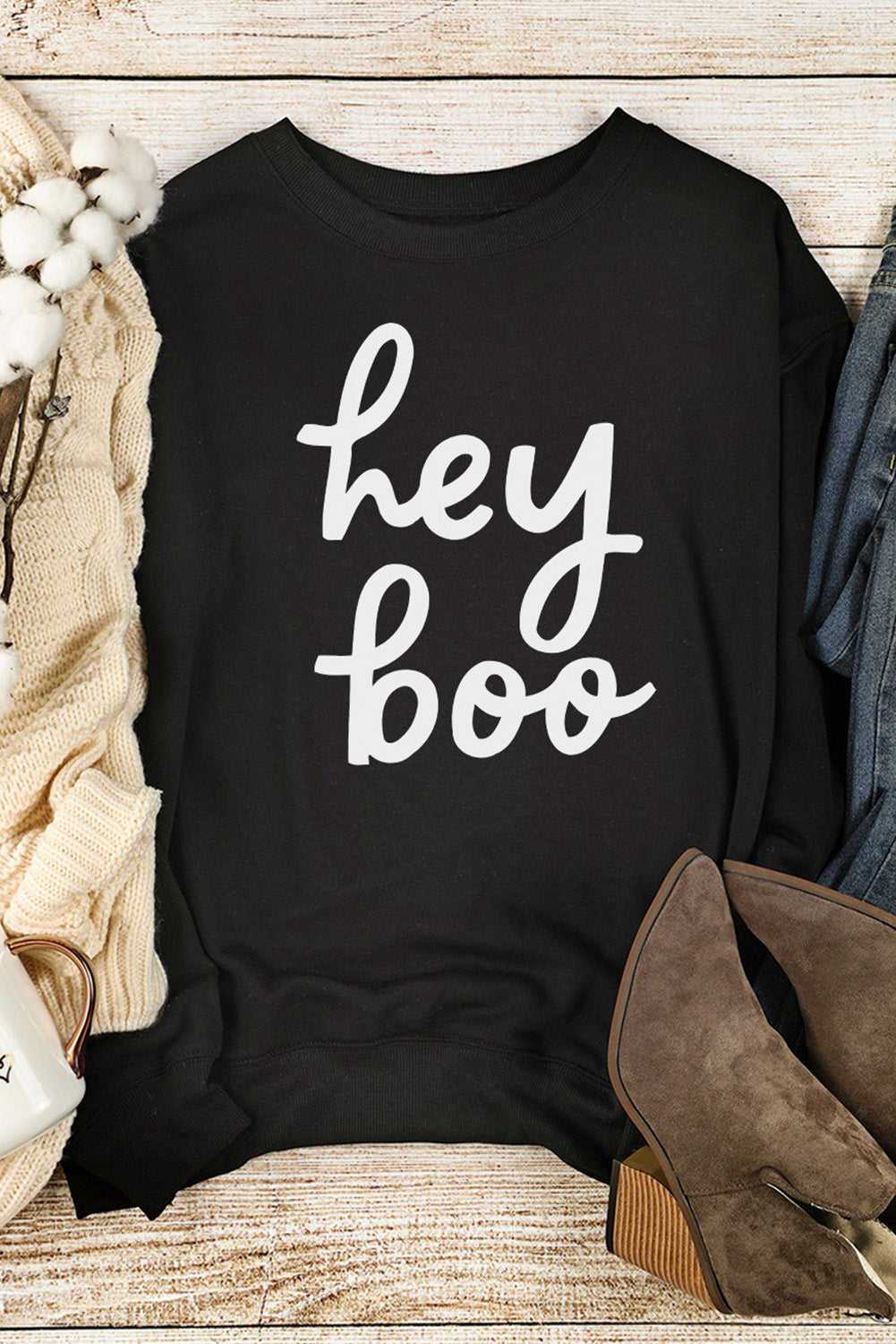 Black Hey Boo Letter Print Long Sleeve Pullover Sweatshirt Graphic Sweatshirts JT's Designer Fashion