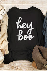 Black Hey Boo Letter Print Long Sleeve Pullover Sweatshirt Graphic Sweatshirts JT's Designer Fashion