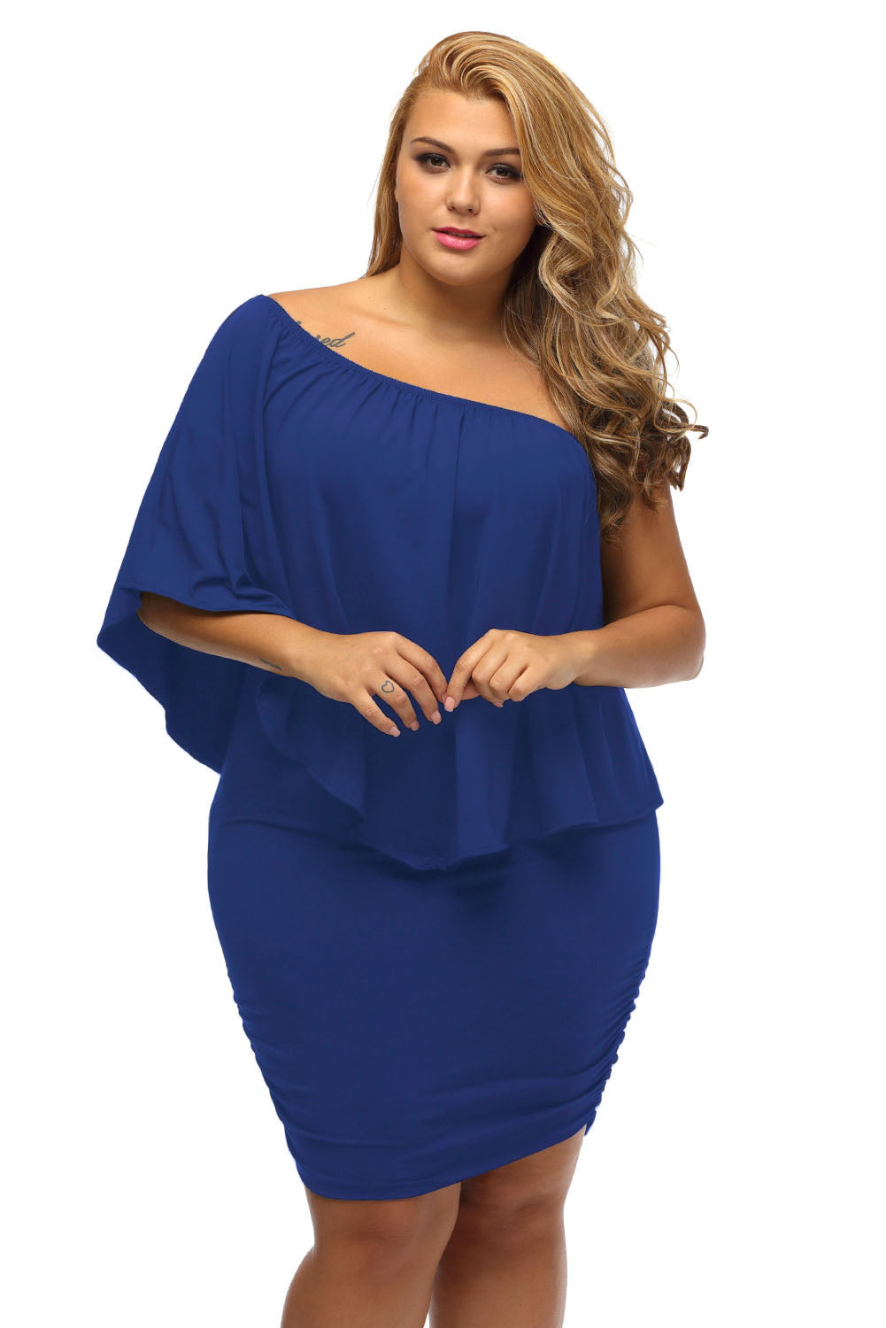 Plus Size Multiple Dressing Layered Blue Mini Poncho Dress as shown 95%polyester+5%spandex Plus Size Dresses JT's Designer Fashion