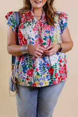 Red Plus Floral Print Ruffle Cap Sleeve V Neck Blouse Plus Size JT's Designer Fashion