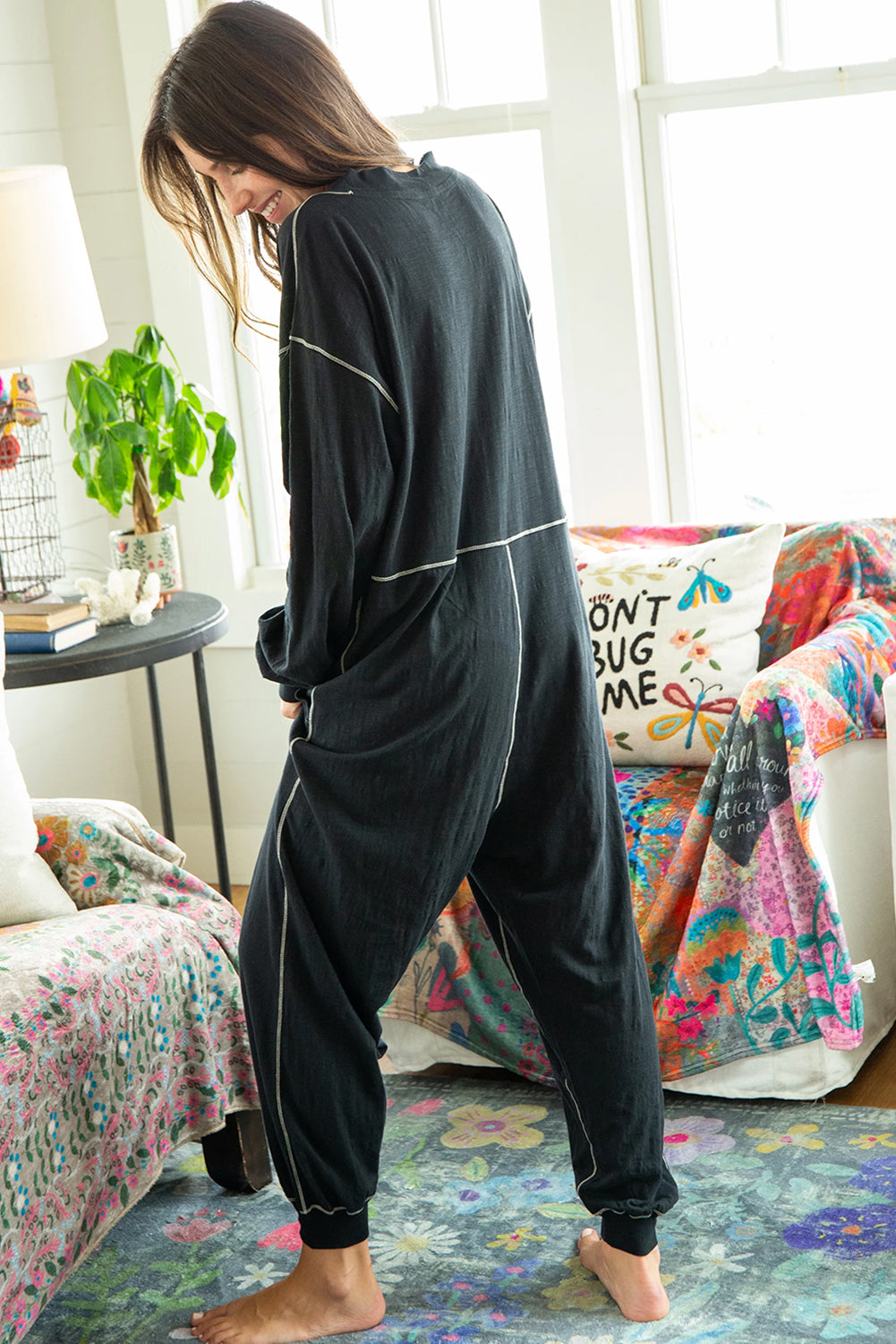 Black Flatlock Seam Detail V Neck Baggy Jumpsuit Jumpsuits & Rompers JT's Designer Fashion