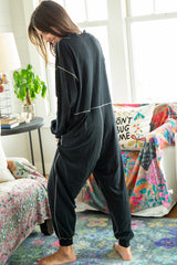 Black Flatlock Seam Detail V Neck Baggy Jumpsuit Jumpsuits & Rompers JT's Designer Fashion