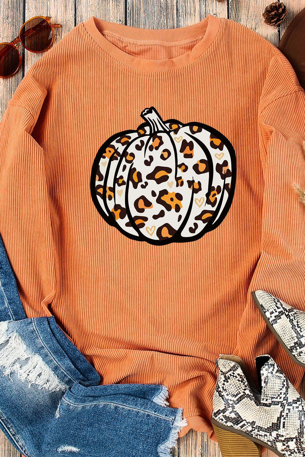 Orange Leopard Pumpkin Graphic Corded Sweatshirt Graphic Sweatshirts JT's Designer Fashion
