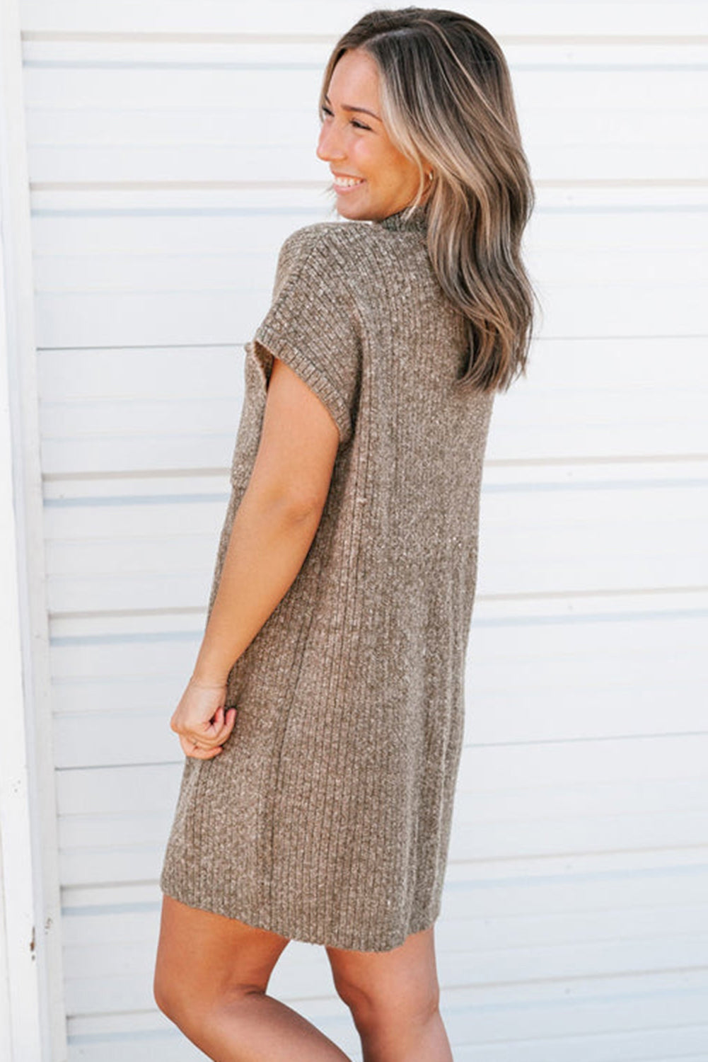Simply Taupe Patch Pocket Ribbed Knit Short Sleeve Sweater Dress Dresses JT's Designer Fashion