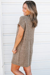 Simply Taupe Patch Pocket Ribbed Knit Short Sleeve Sweater Dress Dresses JT's Designer Fashion