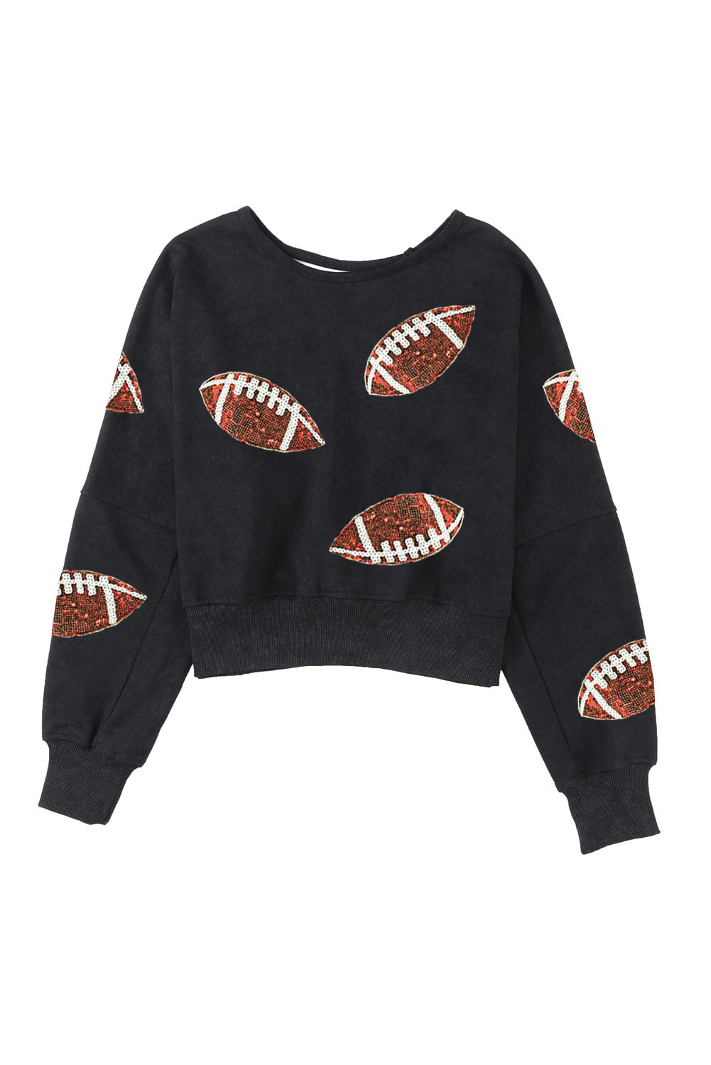 Black Sequined Rugby Graphic Open Back Sweatshirt Graphic Sweatshirts JT's Designer Fashion