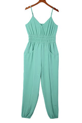 Green Shirred High Waist Sleeveless V Neck Jumpsuit Jumpsuits & Rompers JT's Designer Fashion