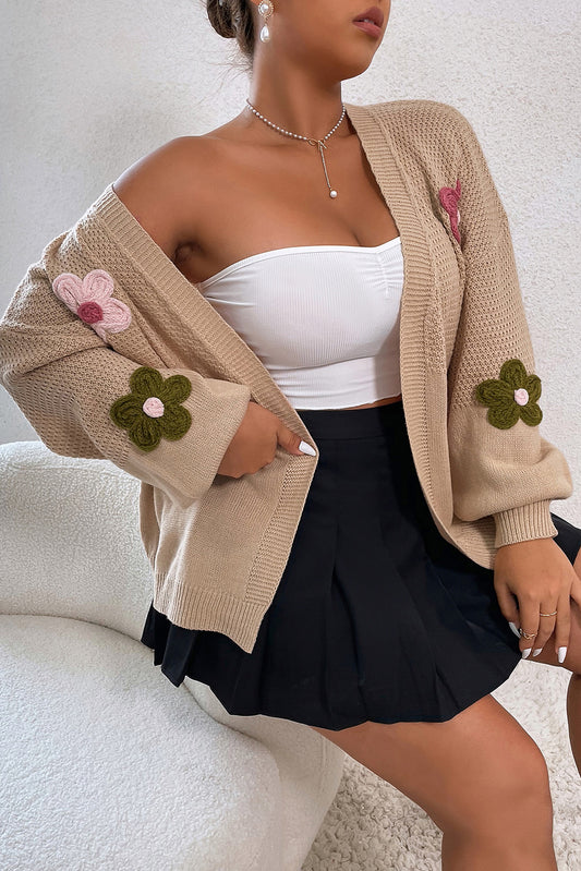 Smoke Gray Floral Applique Drop Shoulder Bubble Sleeve Cardigan Sweaters & Cardigans JT's Designer Fashion