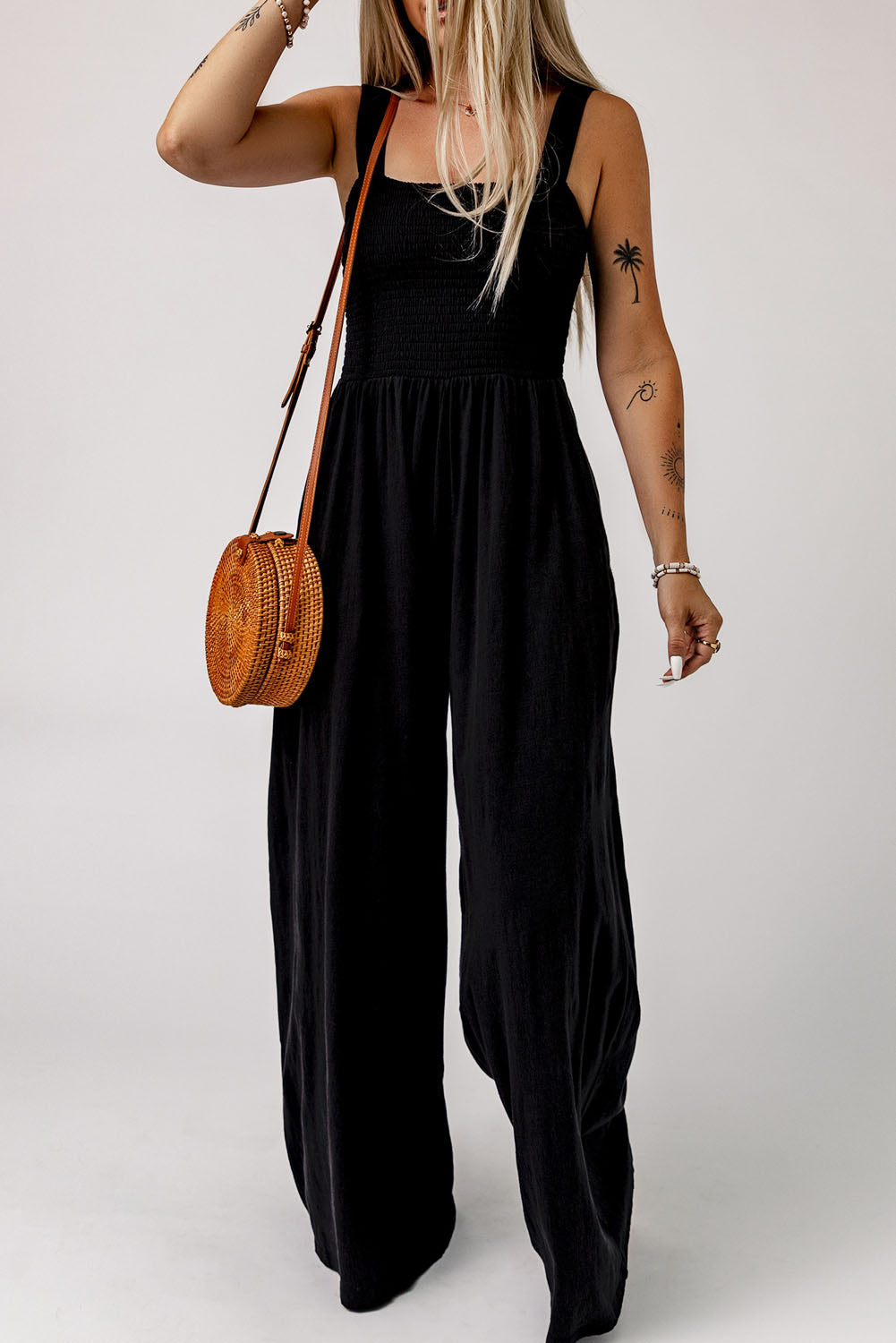 Black Smocked Sleeveless Wide Leg Jumpsuit with Pockets Jumpsuits & Rompers JT's Designer Fashion