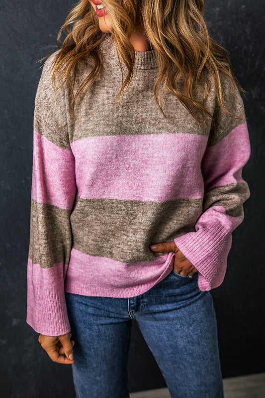 Rose Stripe Crew Neck Wide Sleeve Colorblock Sweater Sweaters & Cardigans JT's Designer Fashion