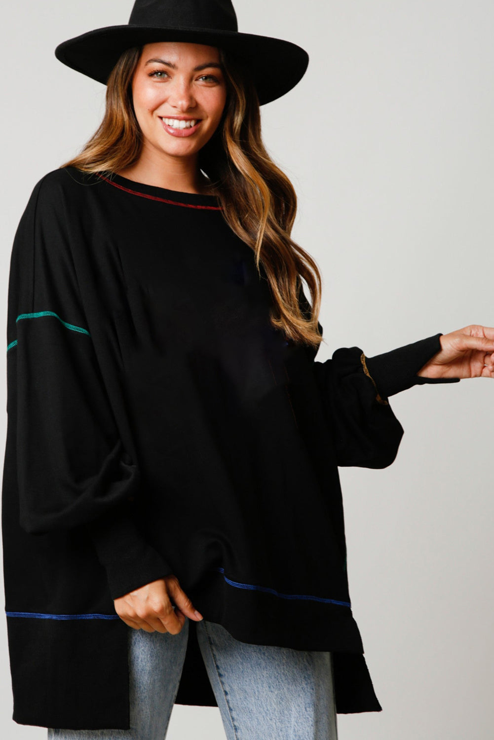 Black Contrast Stitching Split Baggy Sweatshirt Sweatshirts & Hoodies JT's Designer Fashion