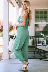Green Shirred High Waist Sleeveless V Neck Jumpsuit Jumpsuits & Rompers JT's Designer Fashion