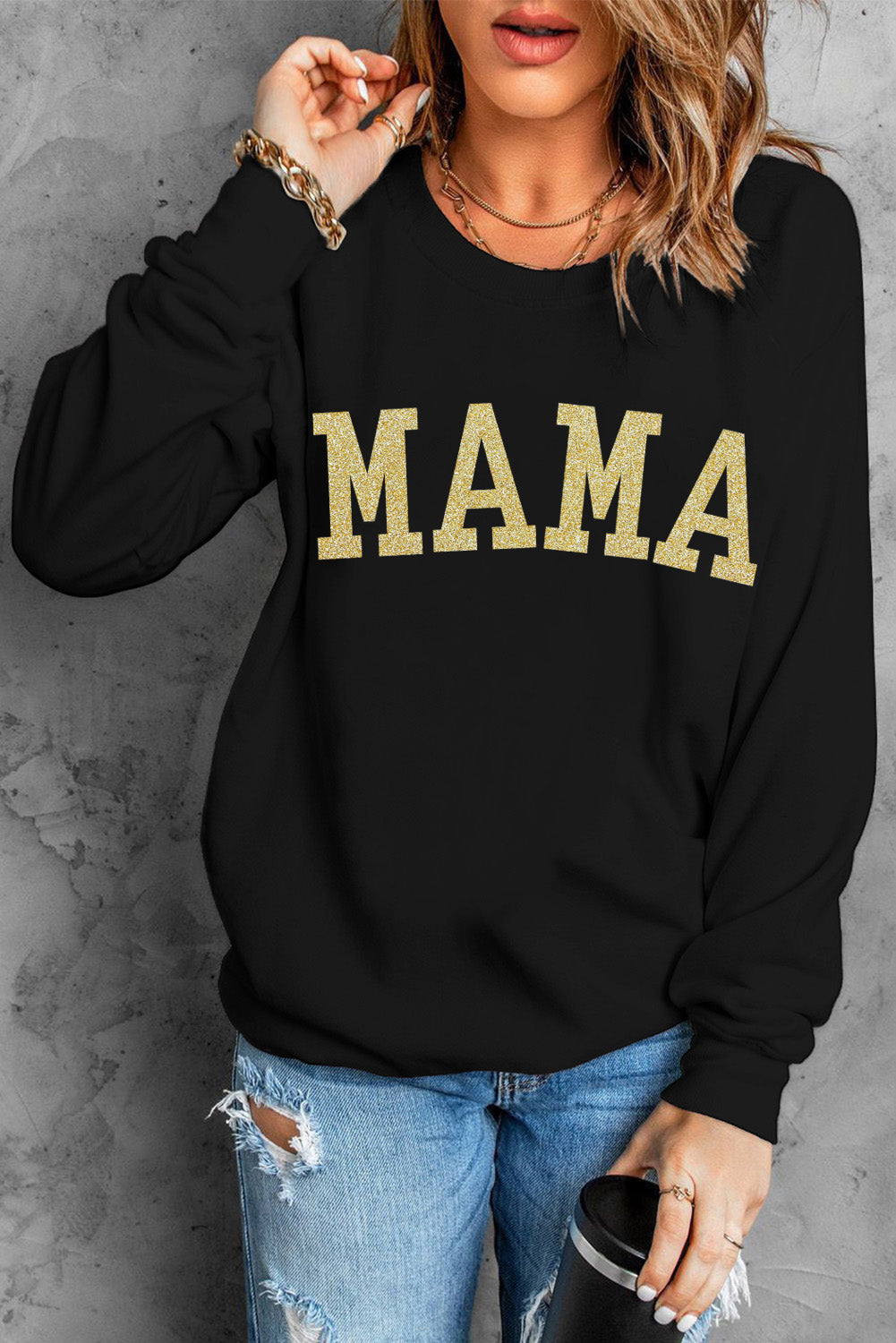Black Glitter MAMA Graphic Pullover Sweatshirt Graphic Sweatshirts JT's Designer Fashion