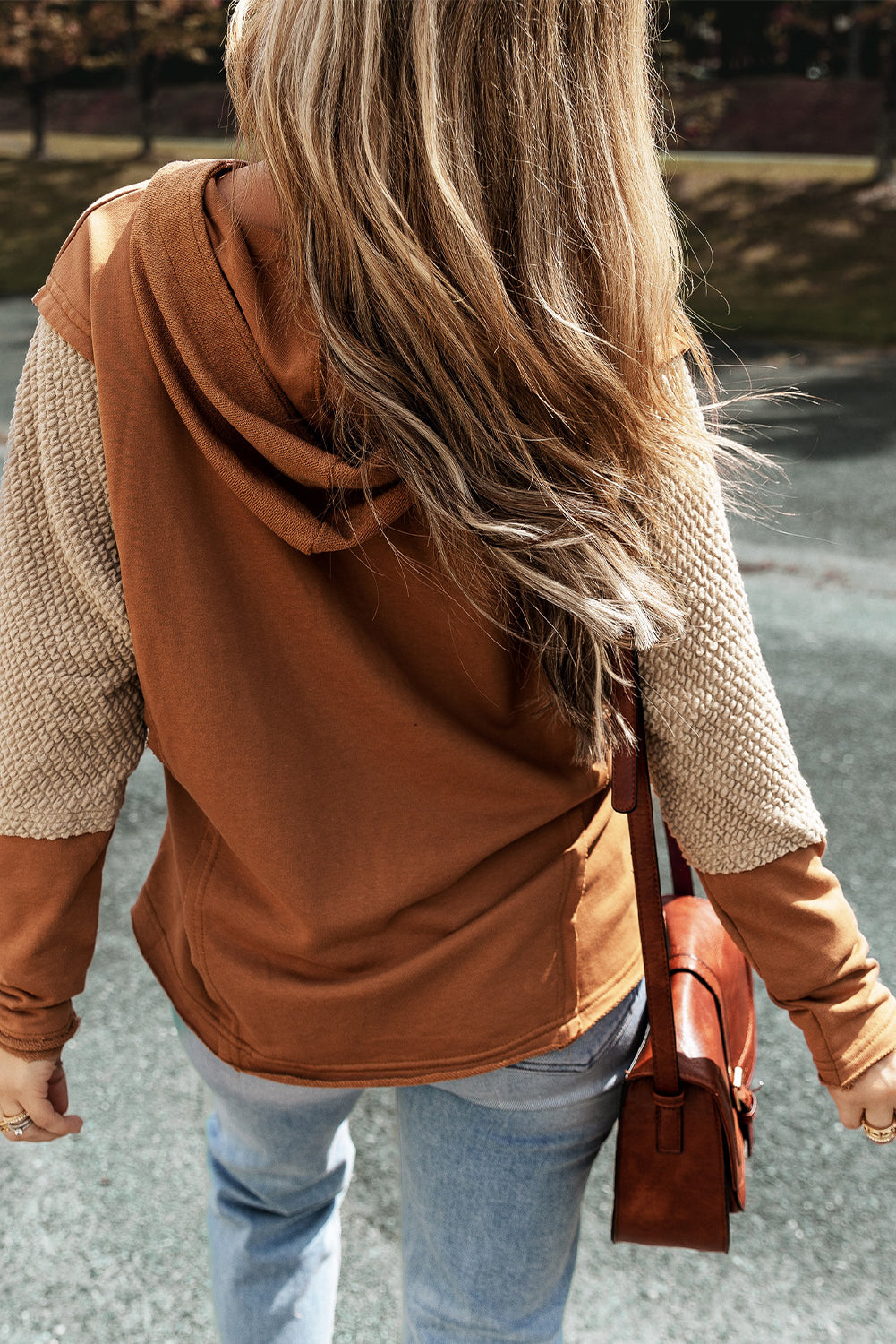 Chestnut Contrast Splicing Sleeves Hooded Sweatshirt Sweatshirts & Hoodies JT's Designer Fashion