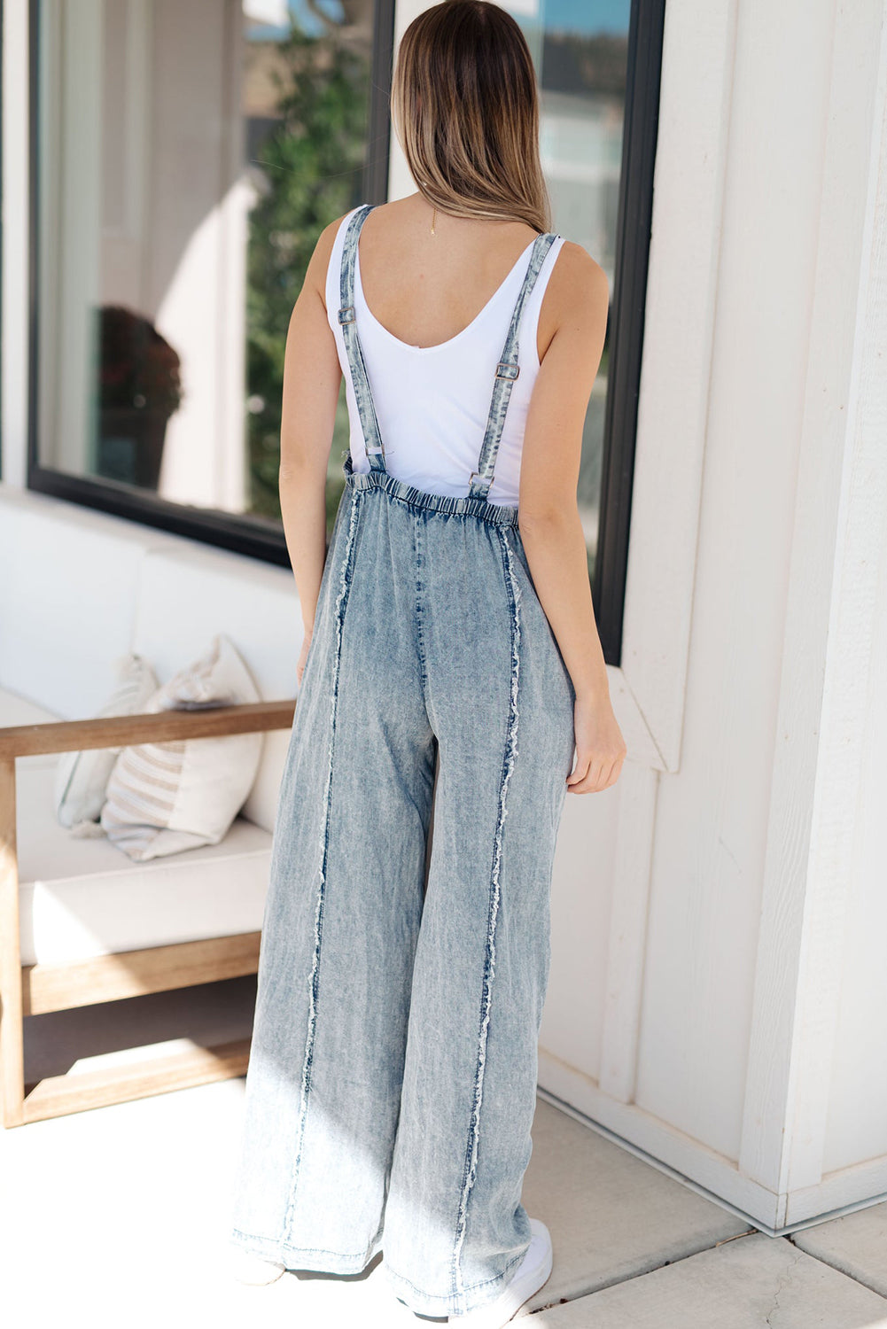 Beau Blue Light Wash Frayed Exposed Seam Wide Leg Denim Overall Jumpsuits & Rompers JT's Designer Fashion