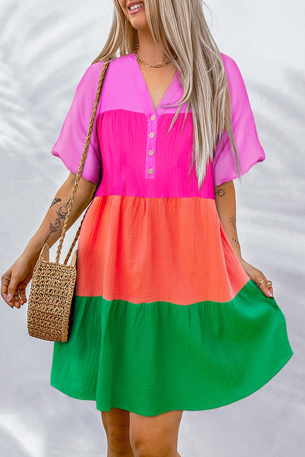 Multicolor Color Block Tiered Puff Sleeve Dress Mini Dresses JT's Designer Fashion