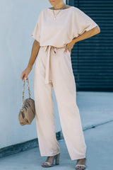 Apricot Oh So Glam Belted Wide Leg Jumpsuit Apricot 95%Polyester+5%Spandex Jumpsuits & Rompers JT's Designer Fashion