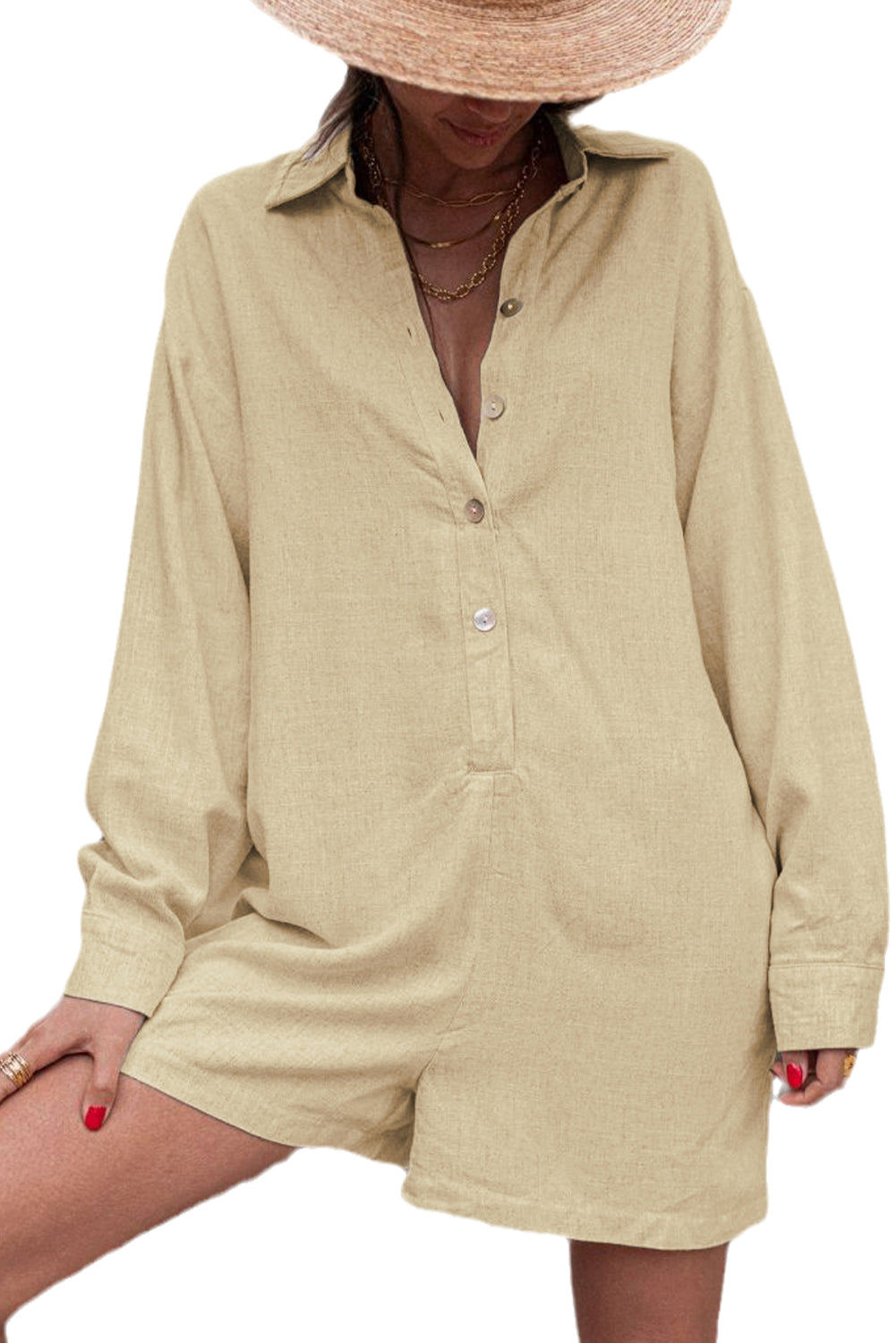 Half Button Shirt Collar Long Sleeve Loose Romper Jumpsuits & Rompers JT's Designer Fashion