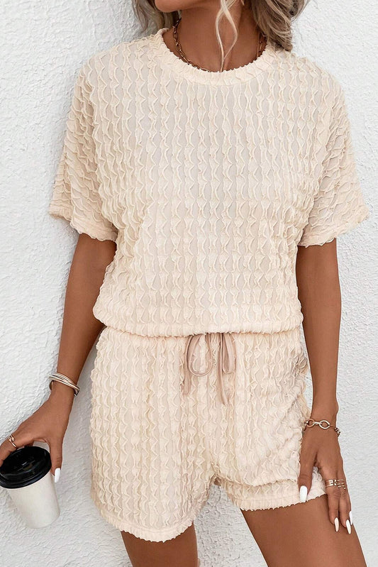 Beige Frill Textured Tee and Drawstring Shorts Bottoms JT's Designer Fashion
