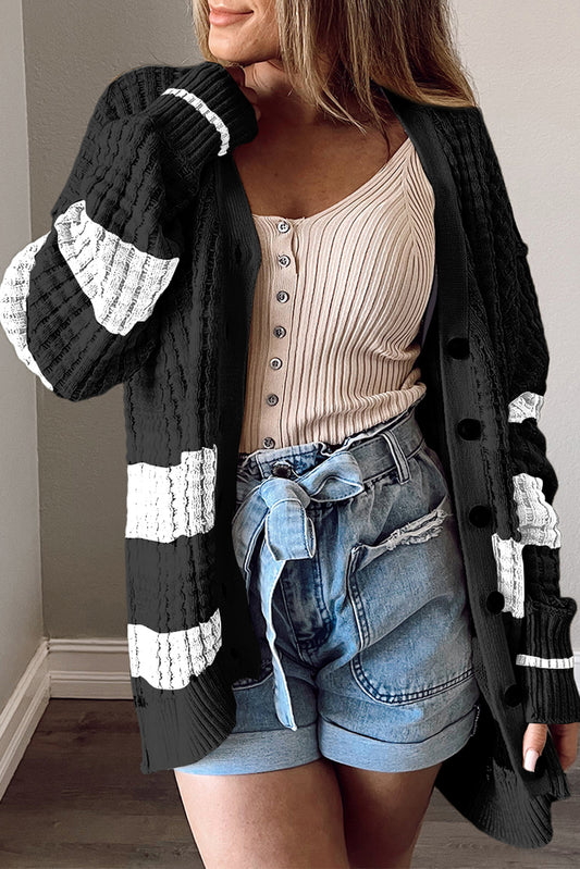 Black Colorblock Textured Knit Buttoned Cardigan Sweaters & Cardigans JT's Designer Fashion