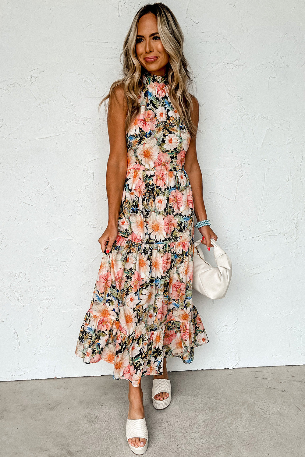 Black Knotted Halterneck Floral Ruffle Dress Dresses JT's Designer Fashion