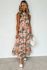 Black Knotted Halterneck Floral Ruffle Dress Dresses JT's Designer Fashion