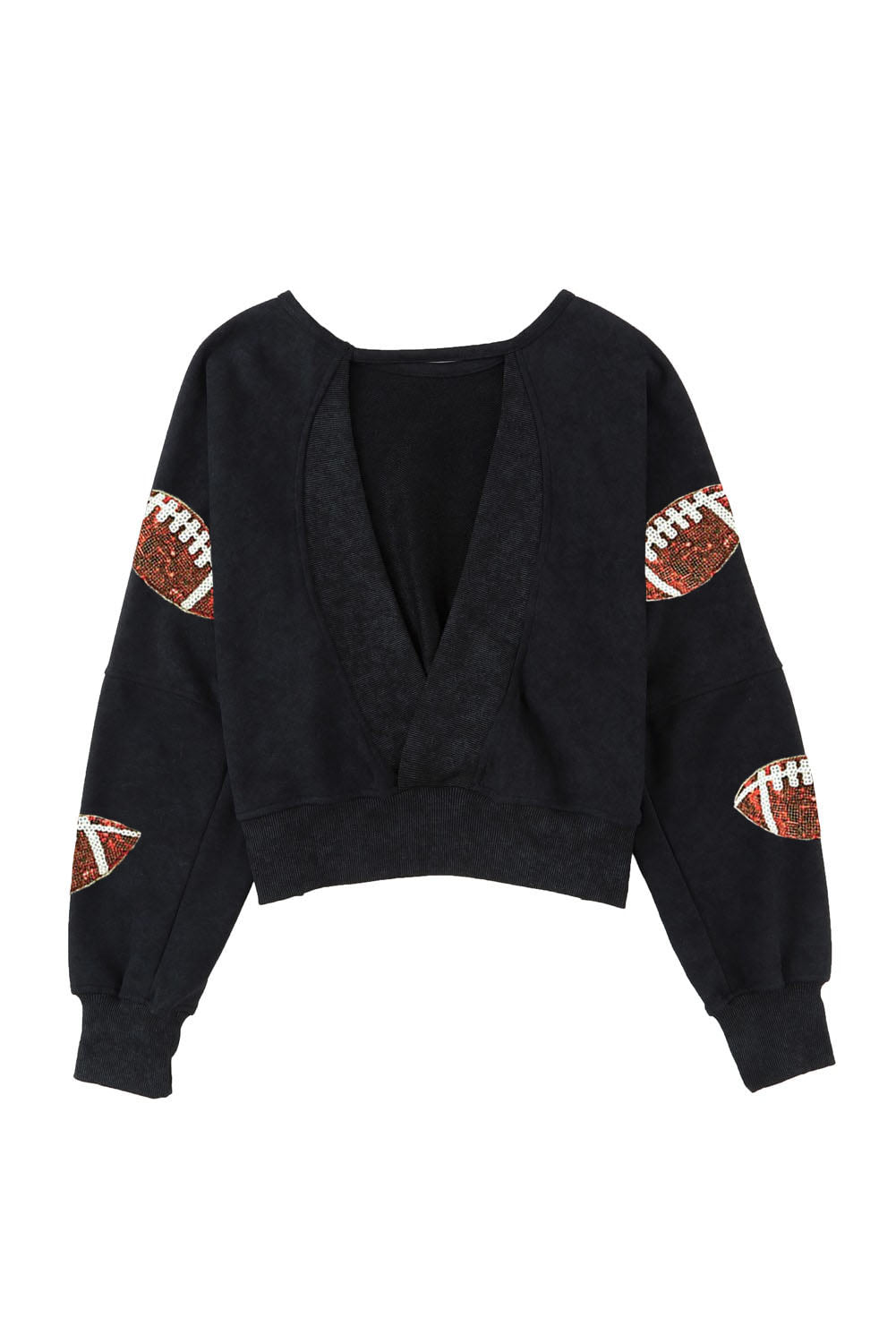 Black Sequined Rugby Graphic Open Back Sweatshirt Graphic Sweatshirts JT's Designer Fashion