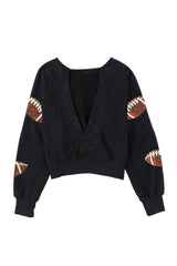 Black Sequined Rugby Graphic Open Back Sweatshirt Graphic Sweatshirts JT's Designer Fashion