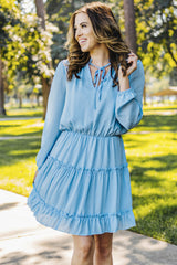 Light Blue V Neck Long Sleeve Ruffle Tiered Mini Dress Mini Dresses JT's Designer Fashion
