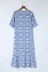 Sky Blue V Neck Casual Geometric Print Long Dress Maxi Dresses JT's Designer Fashion