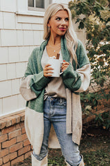 Green Colorblock Draped Open Front Chunky Cardigan Sweaters & Cardigans JT's Designer Fashion