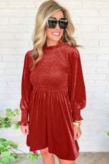 Clay Red Frilled Neck Smocked Bodice Velvet Dress Dresses JT's Designer Fashion