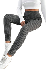 Dark Grey Wide Waistband Ribbed Textured Knit Leggings Bottoms JT's Designer Fashion