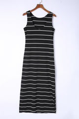 Black Stripe Print Open Back Sleeveless Long Dress with Slits Maxi Dresses JT's Designer Fashion