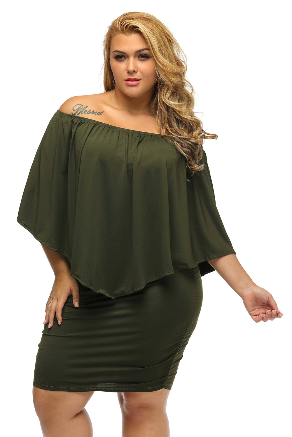 Plus Size Multiple Dressing Layered Army Green Mini Poncho Dress Plus Size Dresses JT's Designer Fashion