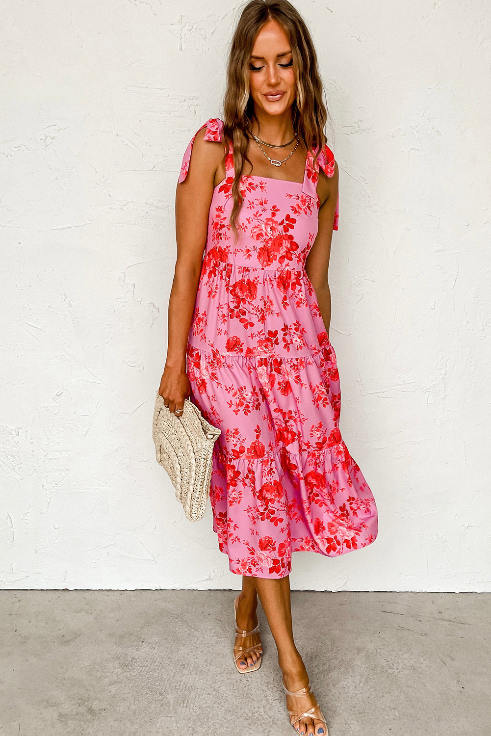 Pink Tie Shoulder Straps Floral Ruffle Tiered Dress Dresses JT's Designer Fashion