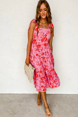 Pink Tie Shoulder Straps Floral Ruffle Tiered Dress Dresses JT's Designer Fashion