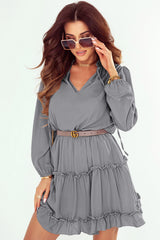 Gray V Neck Long Sleeve Ruffle Tiered Mini Dress Mini Dresses JT's Designer Fashion