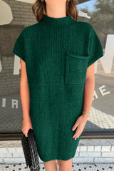 Blackish Green Patch Pocket Ribbed Knit Short Sleeve Sweater Dress Dresses JT's Designer Fashion