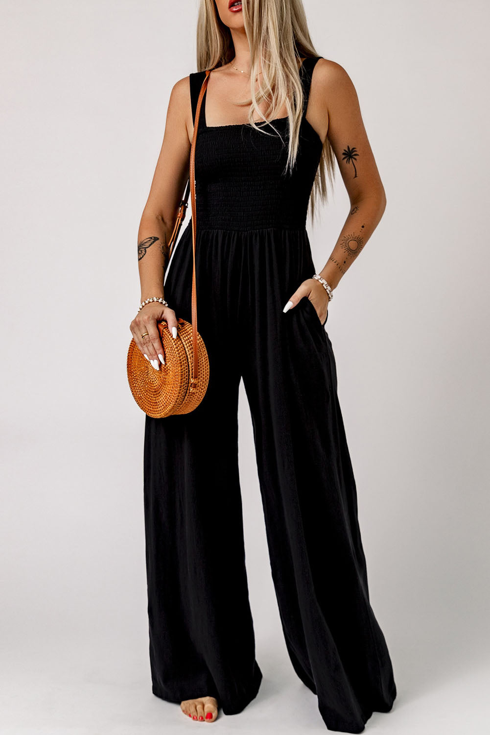 Black Smocked Sleeveless Wide Leg Jumpsuit with Pockets Jumpsuits & Rompers JT's Designer Fashion